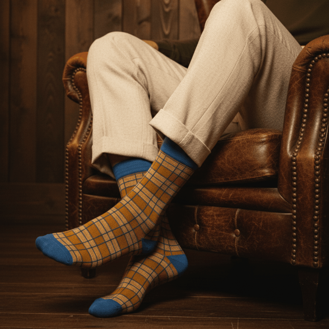 Elegant Check blue and mustard cotton ankle socks-Sockscarving Elegant Check (Pack of 3)-