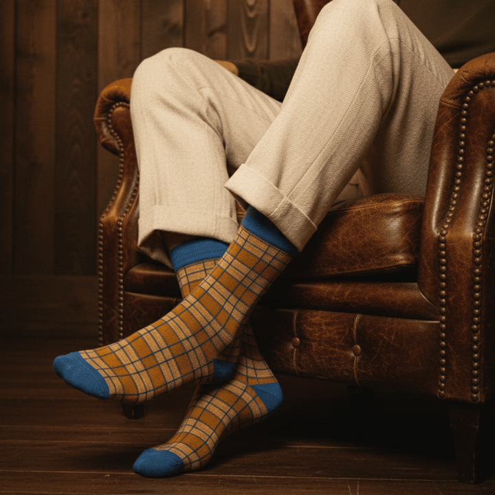Elegant Check blue and mustard cotton ankle socks-Sockscarving Elegant Check (Pack of 3)-