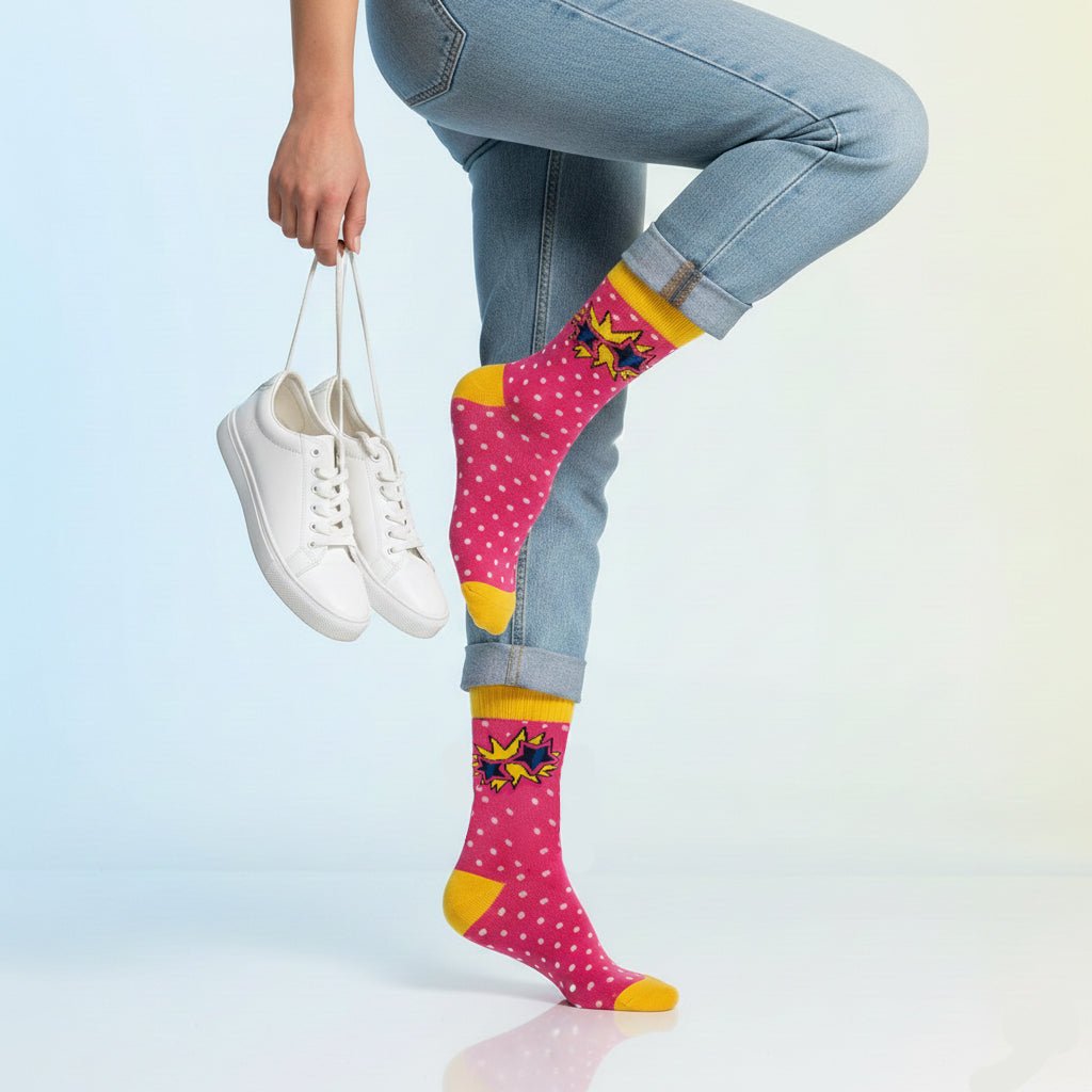 Everyday full-length pink &amp; yellow pop socks-Sockscarving® Retro Glasses Pop Full-Length Edition-