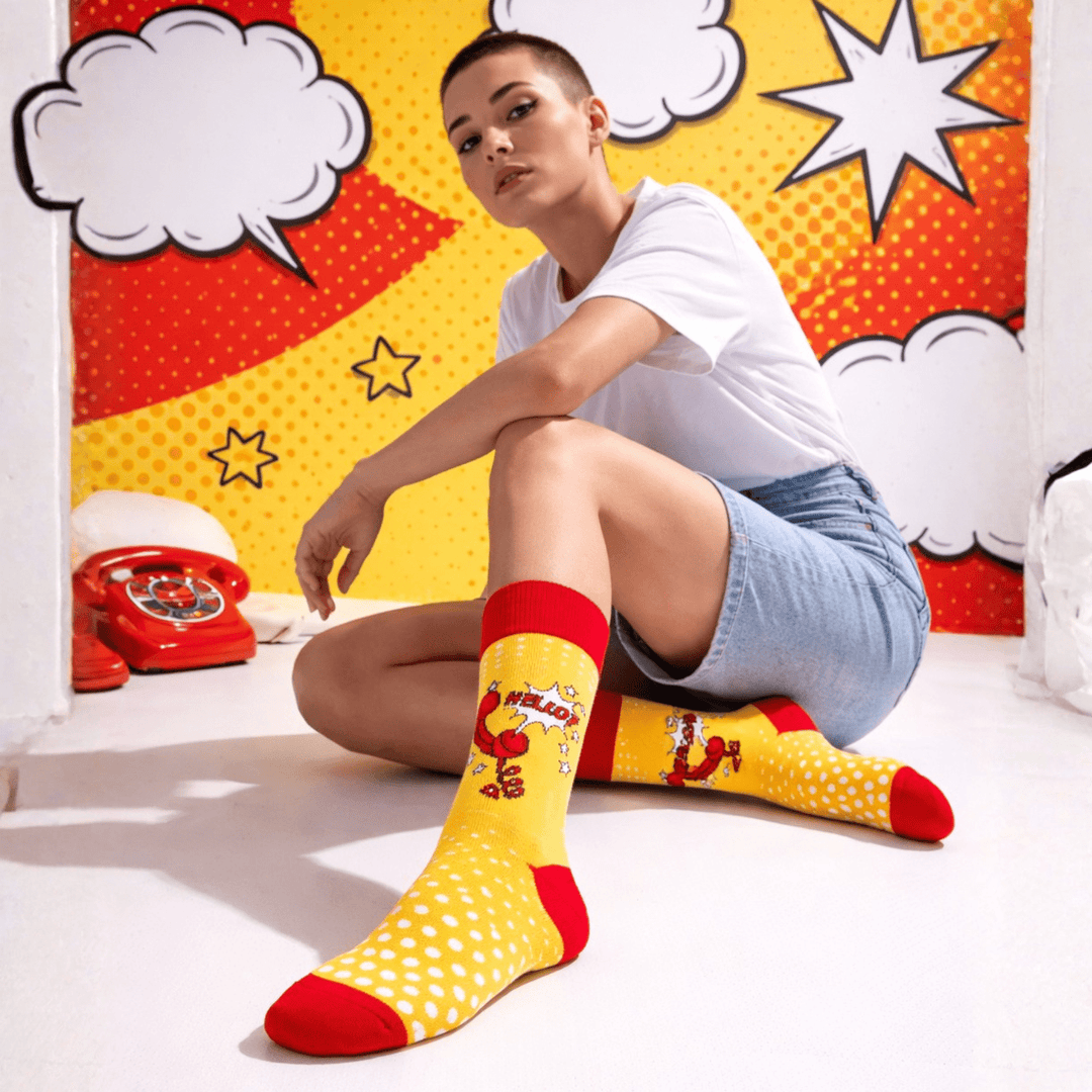 Everyday comfort full-length red yellow socks-Sockscarving® Hello Pop Full-Length Edition-