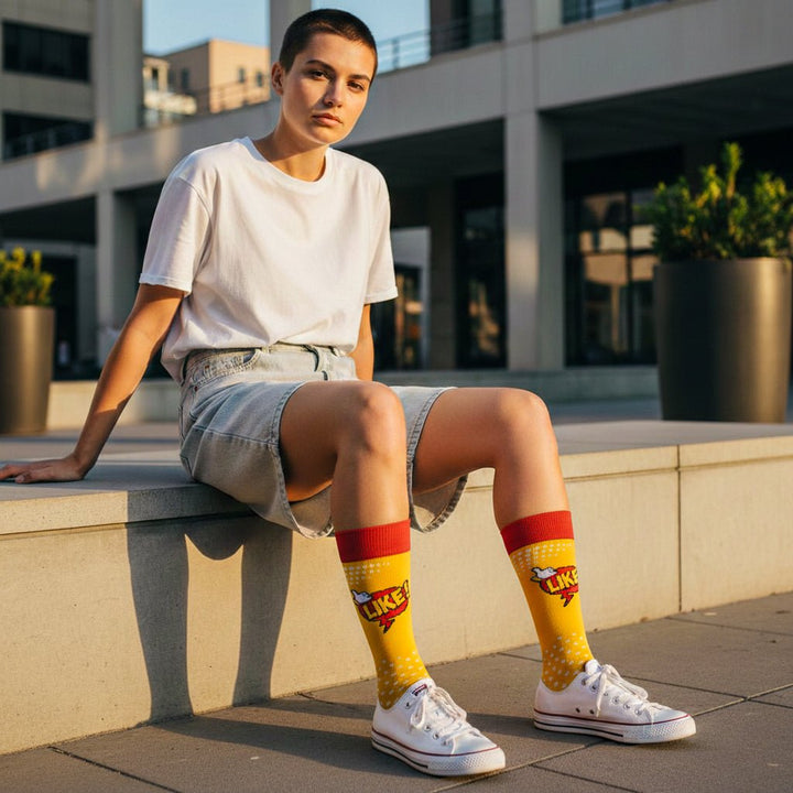 Statement pop design socks in yellow and red-Sockscarving® Like 2.0 Pop Full-Length Edition-