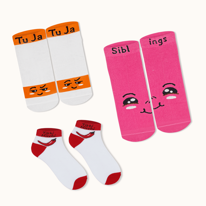 Set of three pairs of socks with cartoon faces and text on a white background-Sockscarving® Fun Expressions Pop Ankle Edition (Pack of 3 | Unisex)-