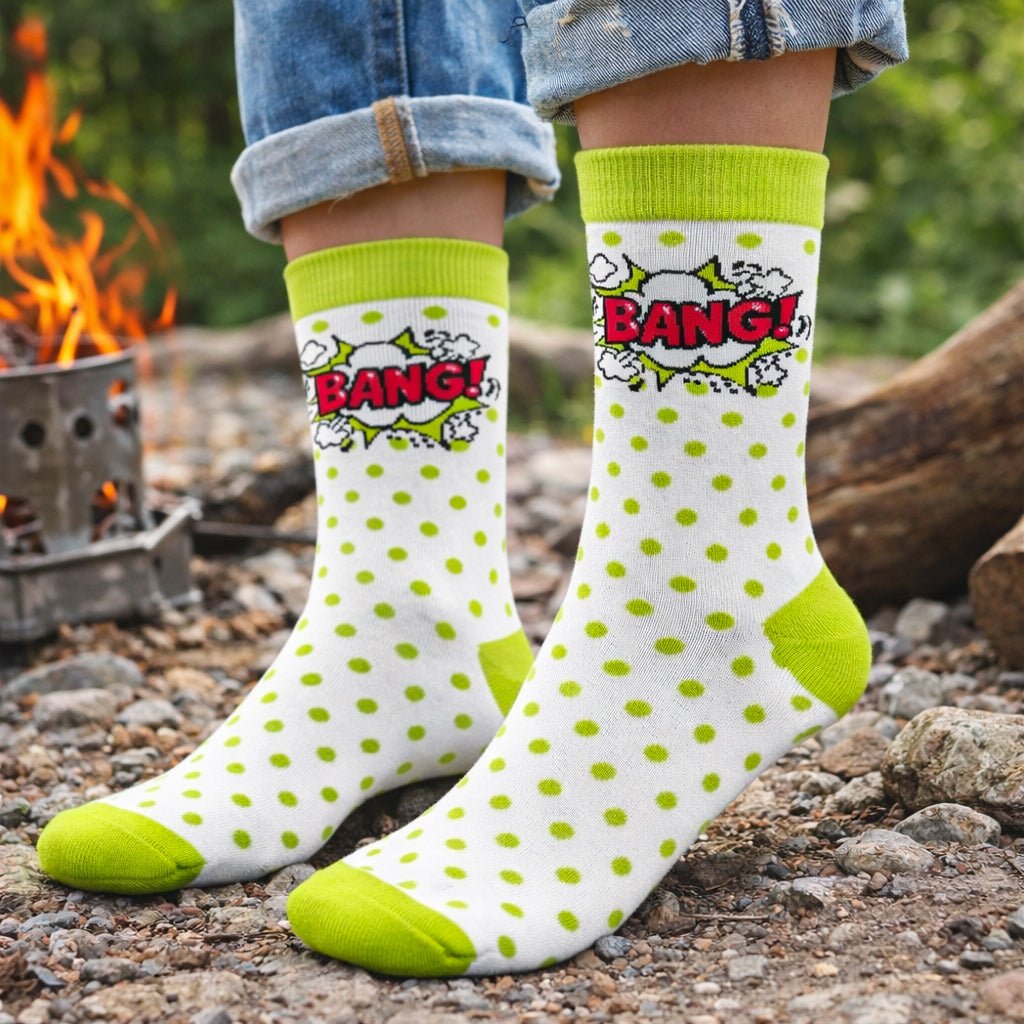 Funky green &amp; white Bang Pop socks for men and women-Sockscarving® Bang Pop Full-Length Edition-
