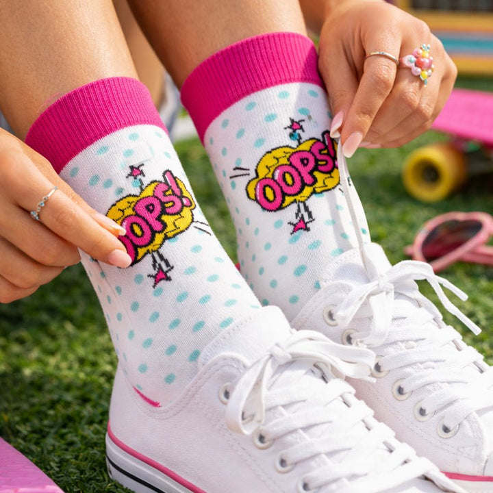 Funky pink &amp; white Oops socks for men and women-Sockscarving® Oops Pop Full-Length Edition-