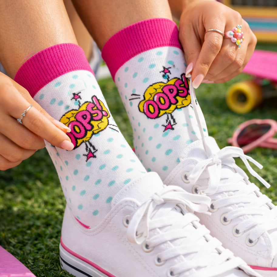 Funky pink & white Oops socks for men and women