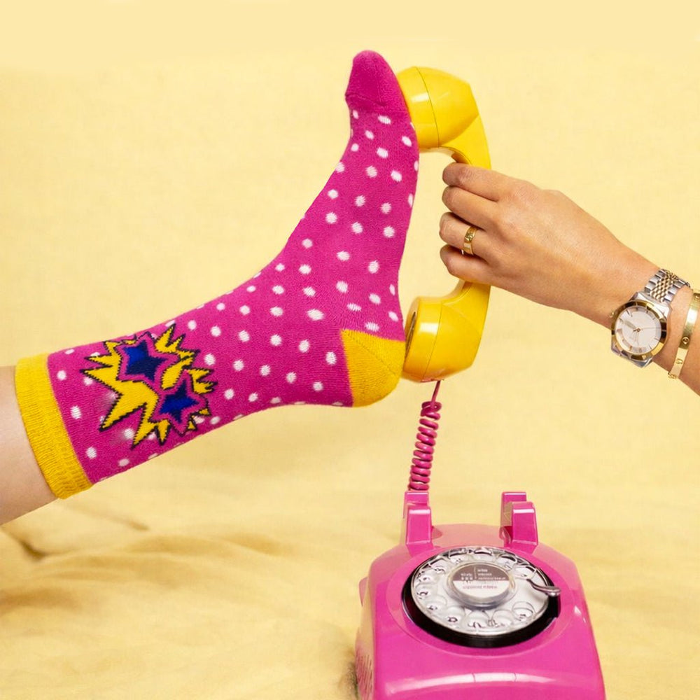 Funky retro glasses pattern socks in pink & yellow-Sockscarving® Retro Glasses Pop Full-Length Edition-