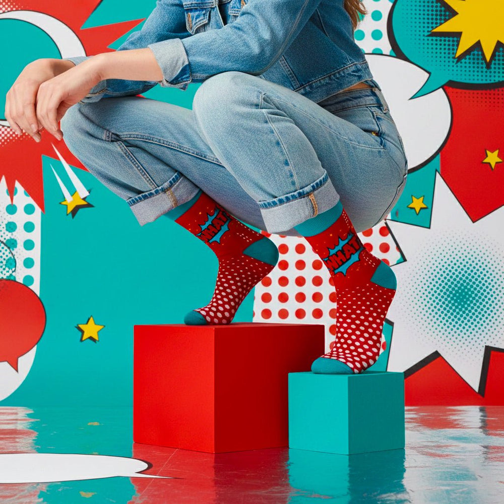 Funky turquoise and red cotton socks for men and women-Sockscarving® What Pop Full-Length Edition (Pack of 1)-