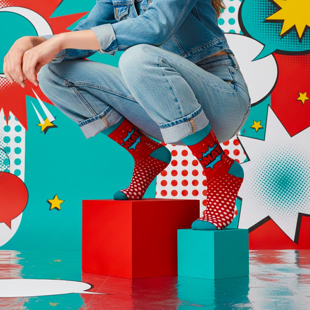 Funky turquoise and red cotton socks for men and women-Sockscarving® What Pop Full-Length Edition (Pack of 1)-
