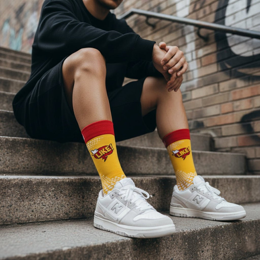 Funky yellow and red unisex pop socks-Sockscarving® Like 2.0 Pop Full-Length Edition-