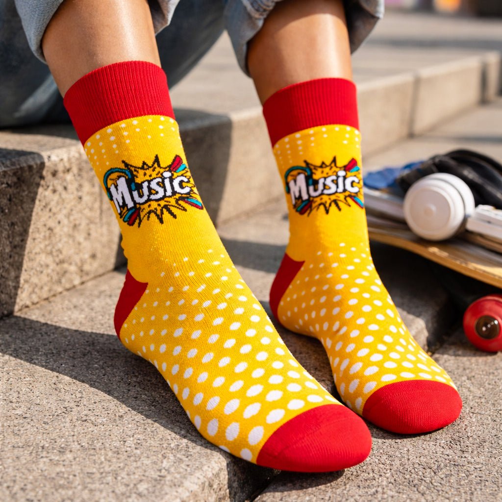 Funky yellow and red unisex music socks-Sockscarving® Music Pop Full-Length Edition (Pack of 1)-