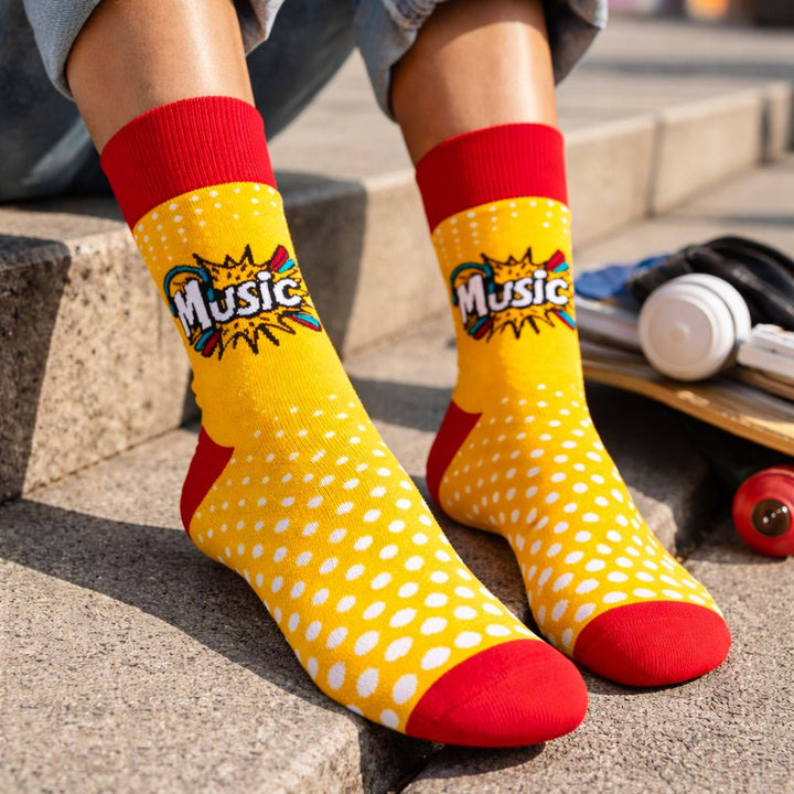 Funky yellow and red unisex music socks-Sockscarving® Music Pop Full-Length Edition (Pack of 1)-