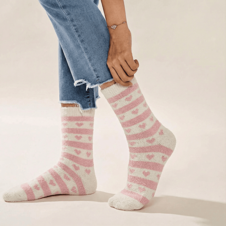 Close-up of fuzzy texture on women’s cosy socks