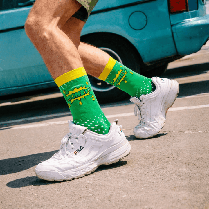 Green and yellow funky Money socks for men and women-Sockscarving® Money Pop Full-Length Edition-