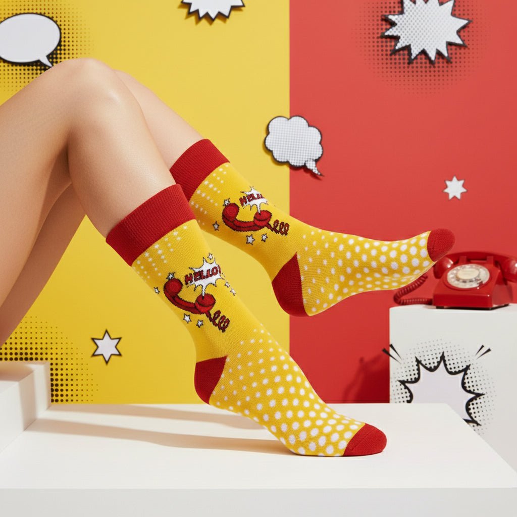 Hello Pop full-length red and yellow cotton socks-Sockscarving® Hello Pop Full-Length Edition-