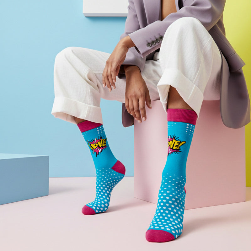 Love Pop full-length turquoise blue and pink socks