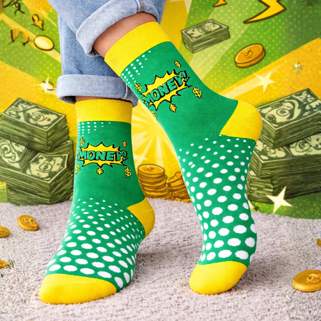 Money Pop full-length green and yellow cotton socks-Sockscarving® Money Pop Full-Length Edition-