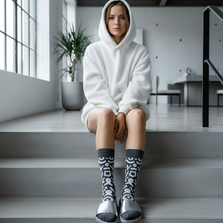 Nomad Script socks paired with sneakers-Sockscarving Nomad Script edition-