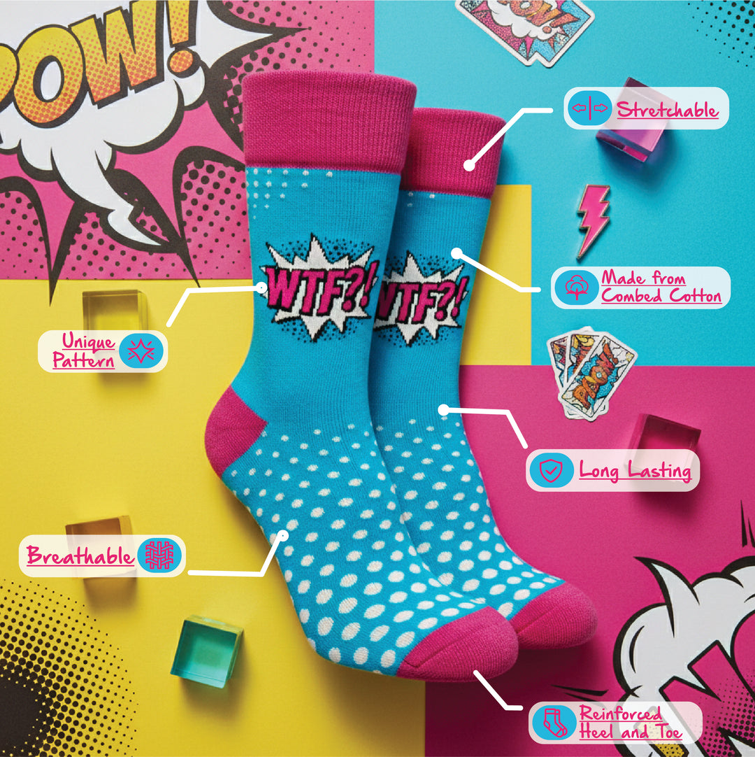 Turquoise blue and pink pop design full-length socks-Sockscarving® WTF Pop Full-Length Edition (Pack of 1)-