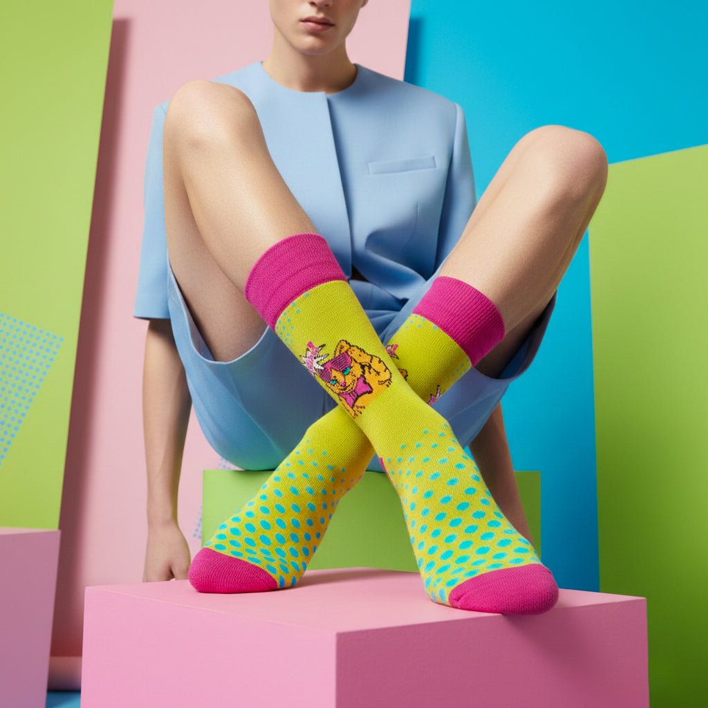 Vibrant yellow pink street style socks-Sockscarving® Meow Pop Full-Length Edition (Pack of 1)-
