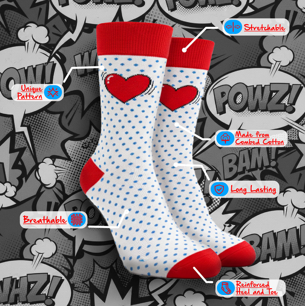Red white pop heart funky socks for men and women-Sockscarving® PopHeart Pop Full-Length Edition-