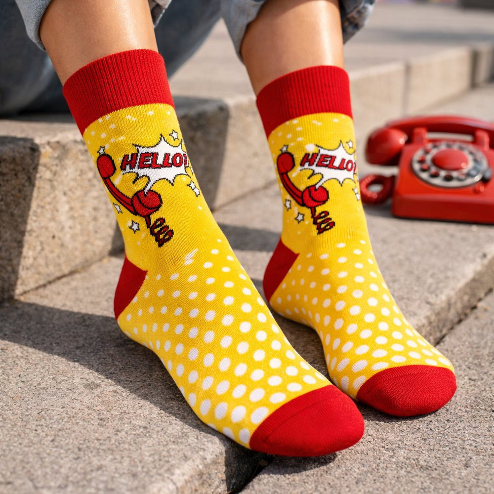 red-yellow-funky-hello-socks-Sockscarving® Hello Pop Full-Length Edition-