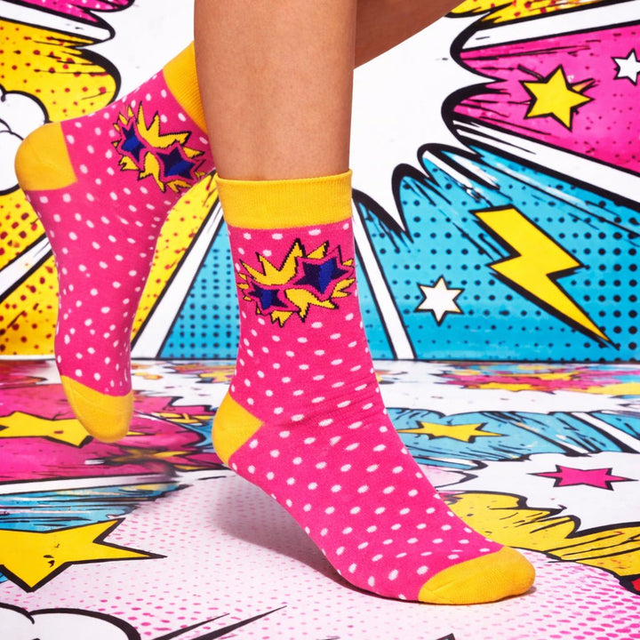 retro-glasses-pop-full-length-pink-yellow-socks-Sockscarving® Retro Glasses Pop Full-Length Edition-