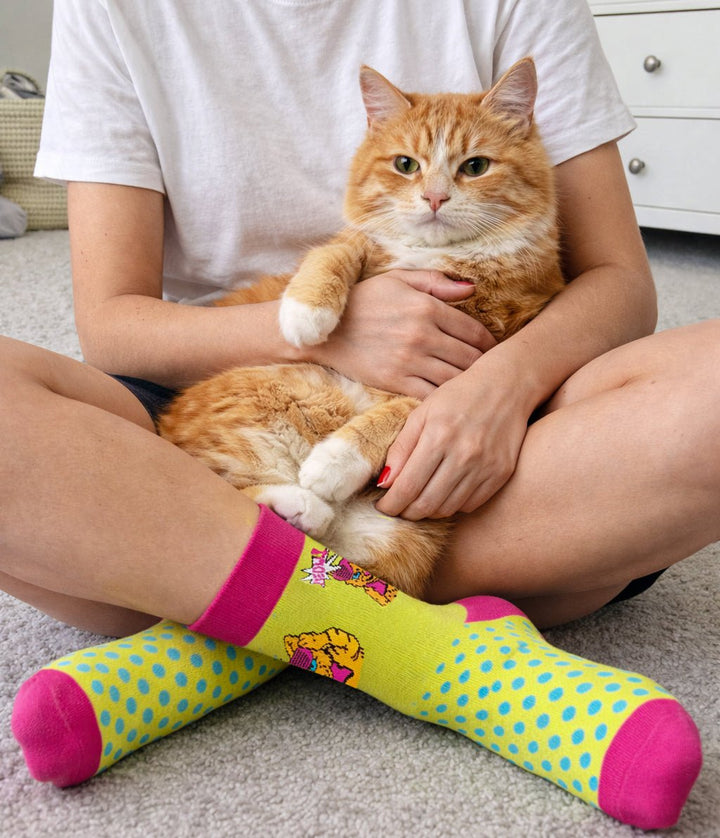 Stylish unisex cotton socks yellow pink design-Sockscarving® Meow Pop Full-Length Edition (Pack of 1)-