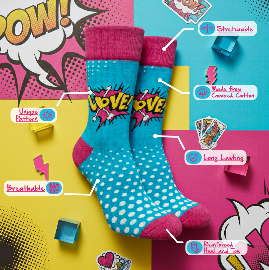 Turquoise blue and pink pop design full-length socks-Sockscarving® Love Pop Full-Length Edition (Pack of 1)-