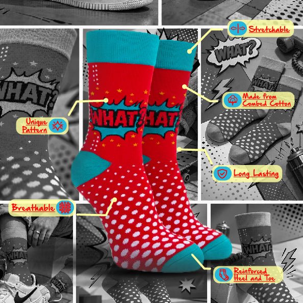Unisex pop design socks in turquoise blue and red-Sockscarving® What Pop Full-Length Edition (Pack of 1)-