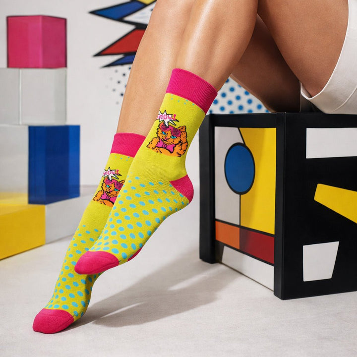 Yellow and pink pop design full-length socks-Sockscarving® Meow Pop Full-Length Edition (Pack of 1)-