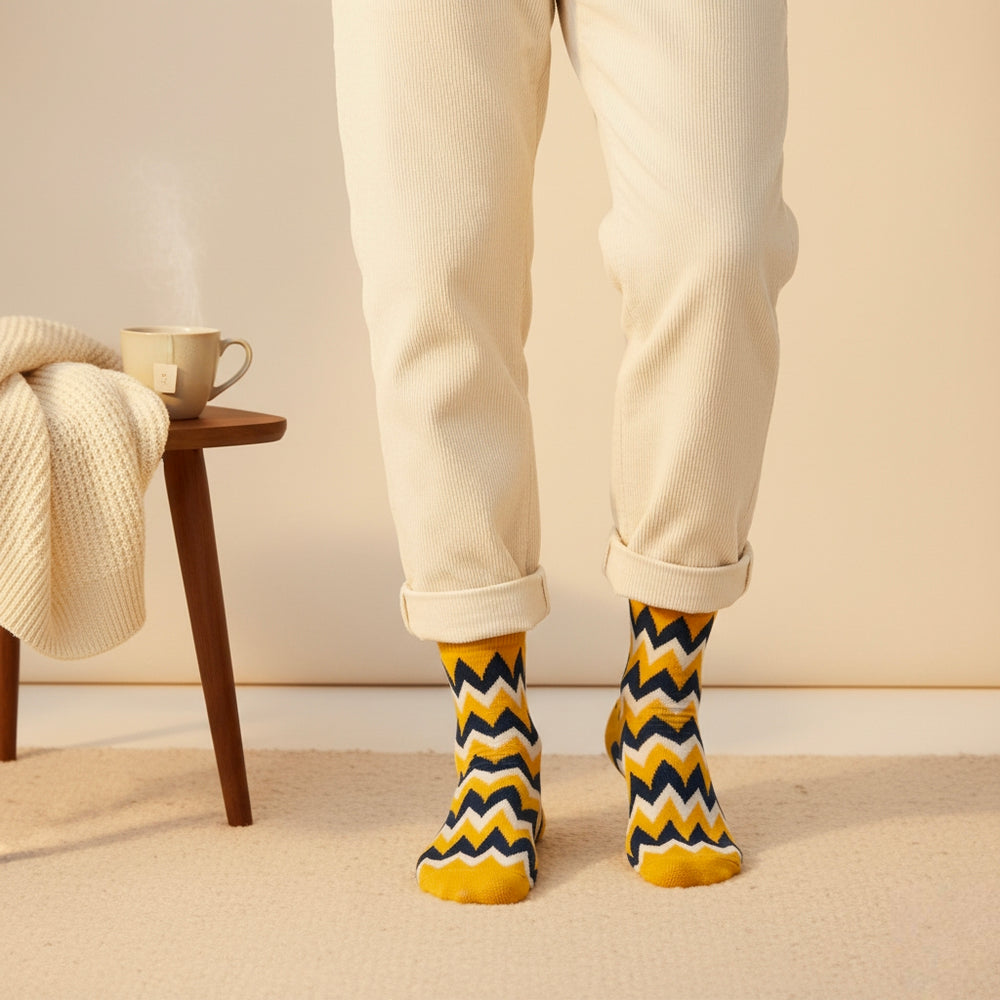 Stylish yellow zigzag ankle socks made from soft combed cotton for everyday wear