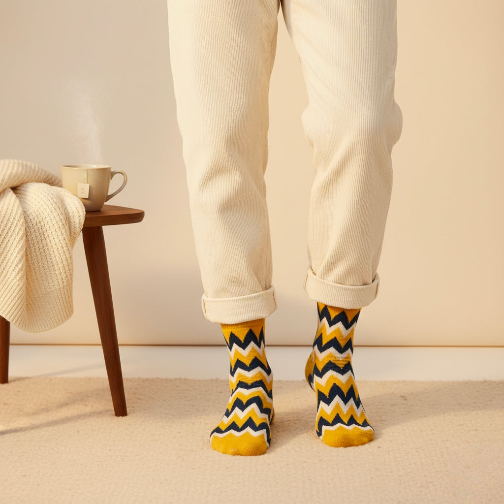 Stylish yellow zigzag ankle socks made from soft combed cotton for everyday wear