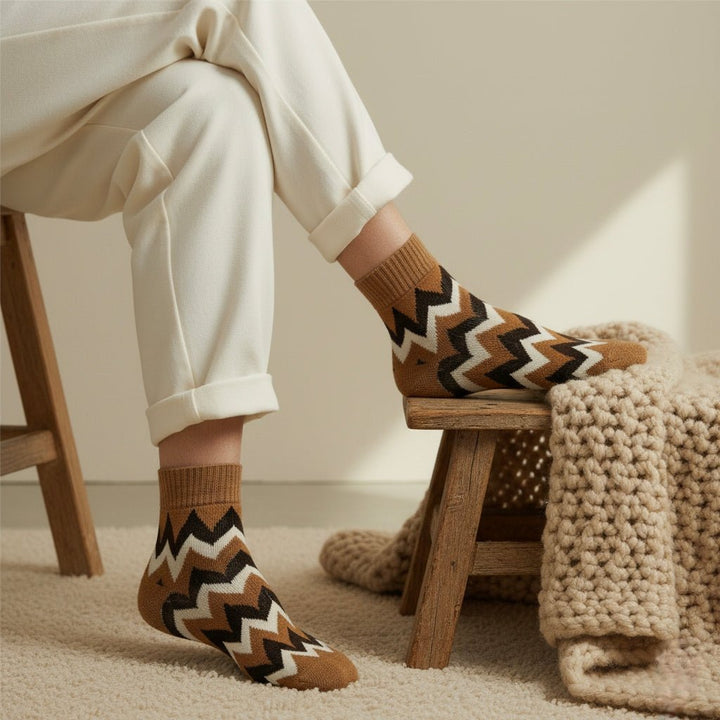 Zigzag brown cotton ankle socks for men and women with breathable comfort-ZIGZAG EDITION-